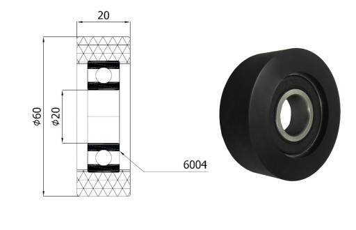 Polyuretánový valček s priemerom ložiska 60 mm, priemer 20