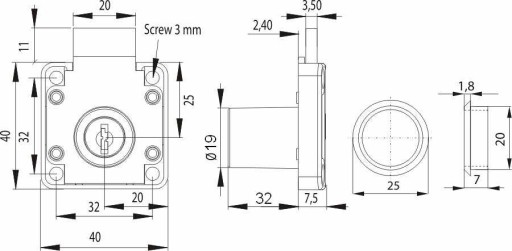 Zámok štvorcový nábytkový 850 dlhý cylinder 19x32mm