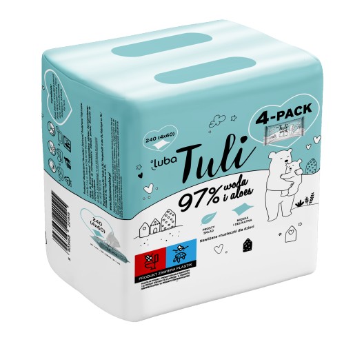 LUBA TULI 97% voda a aloe, vlhčené obrúsky pre deti (4-balenie)
