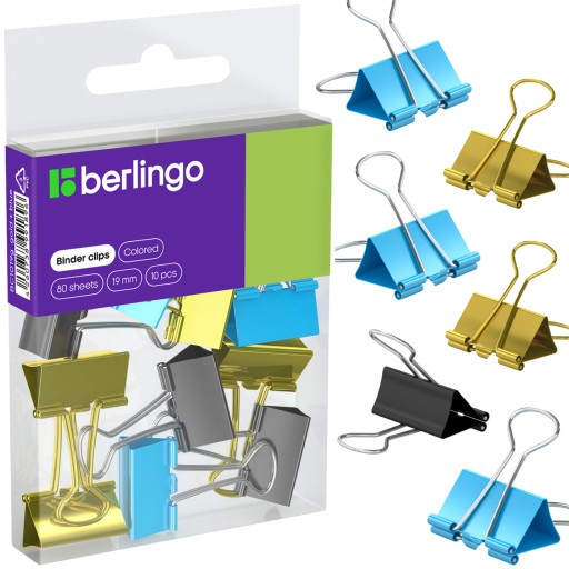 Kancelárske sponky Berlingo 19 mm, mix farieb, 10 kusov