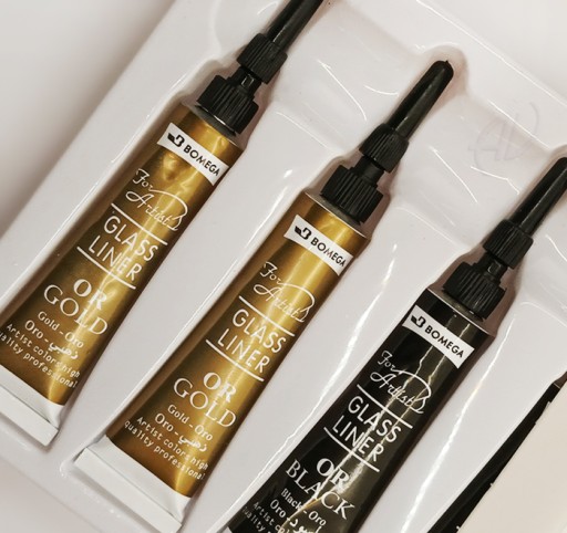 SKLENENÁ LIERKA ZLATÁ ČIERNA STRIEBORNÁ FARBY NA MAĽOVANIE NA SKLO 6x12ml