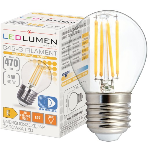 LED žiarovka E27 BALL G45 4W=40W Filament 470lm 360° Dekoračná TEPLÁ 2700K