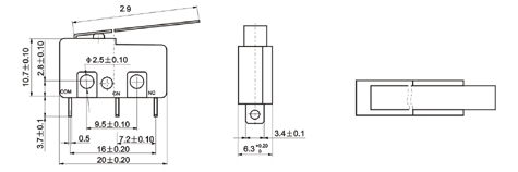 Mini koncový spínač 10x20mm s pákou 28mm SPDT NO NC