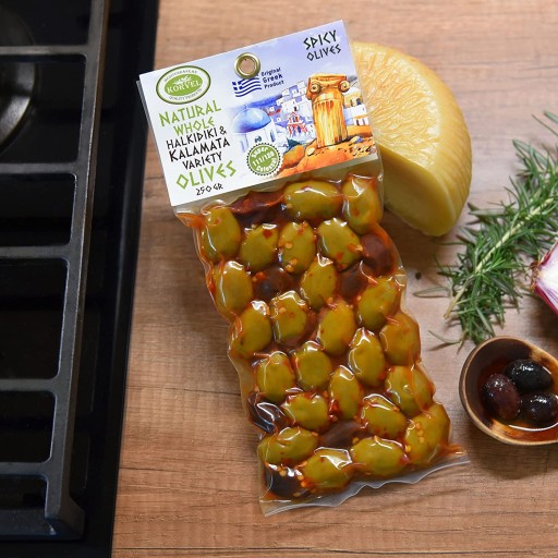 KORVEL Olivy (Kalamata-Halkidiki s paprikou), sada dvoch balení, 500g