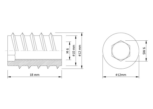 Zásuvka na skrutkovanie 10X M6 x 18 mm, nábytková vložka na drevo, so 6 imbusovým kľúčom