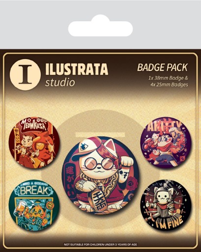 Ilustrované špendlíky Cool Cat, sada 5 kusov