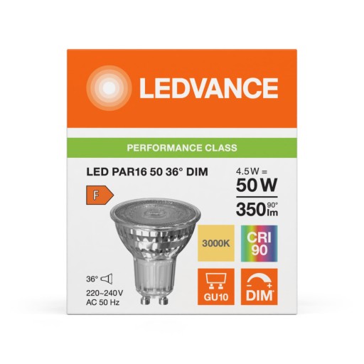 LED REFLEKTOROVÁ ŽIAROVKA GU10 4,5W=50W 3000K 350lm 36° PRE STMIEVAČ LEDVANCE