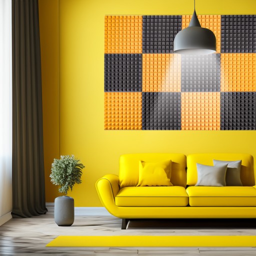 Žltý pyramídový akustický panel, ktorý tlmí ozvenu
