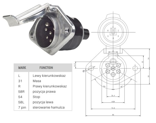 7 PIN 24V zásuvka na príves, typ N, hliník