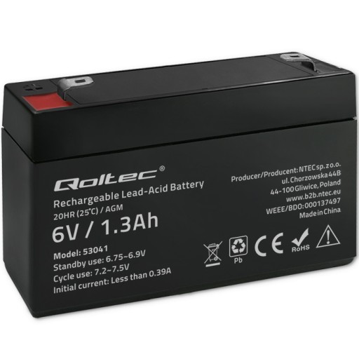 Qoltec AGM batéria | 6V | 1,3 Ah | Bezúdržbový | Efektívne | Dlhý život