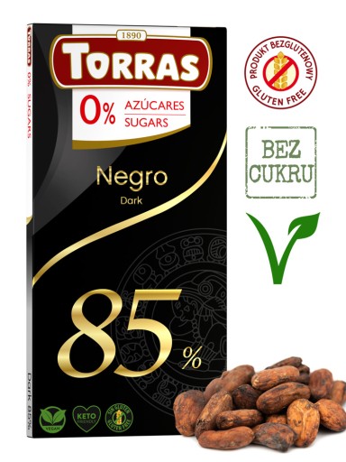 HORKÁ ČOKOLÁDA 85 % BEZ CUKRU, BEZLEPKU 75 g - TORRAS