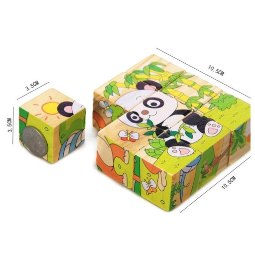 Náučné drevené kocky puzzle kocky puzzle Safari 6v1 9 kusov.