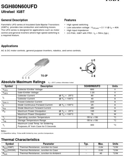 IGBT tranzistor SGH80N60UFD TO-3P G80N60