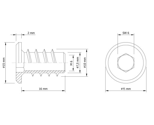 10x nástrčná skrutka M6 x 16 mm s dreveným nákružkom, ľavý závit