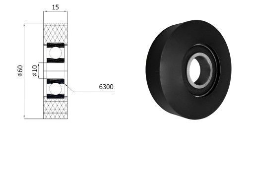 Polyuretánový valček s ložiskom, priemer 60 mm, priemer 10