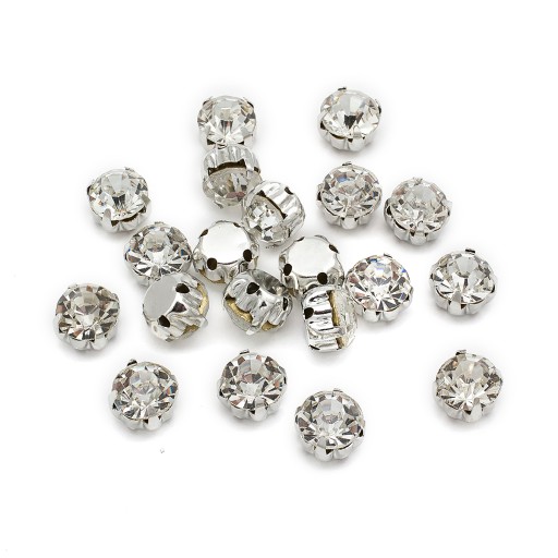 Kamienky na šitie, sklenené/mosadzné, okrúhle ploché, číre, 8x6mm, 20ks