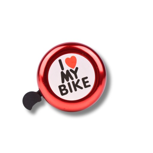 Mechanický zvonček na bicykel, hliník, PVC, 54mm, I LOVE MY BIKE, červený