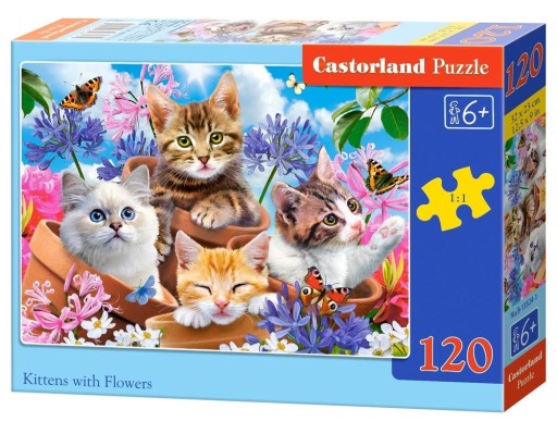 Puzzle 120 Puzzle Pre deti Zvieratá Mačky SÚPRAVY Butterfly Flowers 6+ Castor