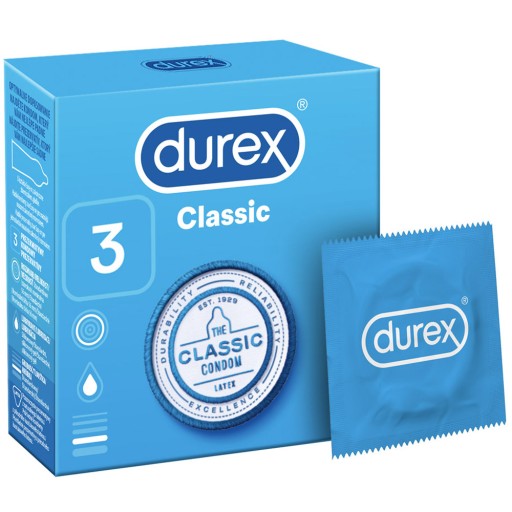 Kondómy DUREX CLASSIC, klasické, bezpečné, pohodlné, 3 ks.