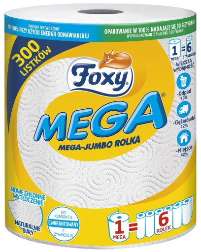 Prírodná biela kuchynská papierová utierka FOXY MEGA JUMBO - 1 rolka