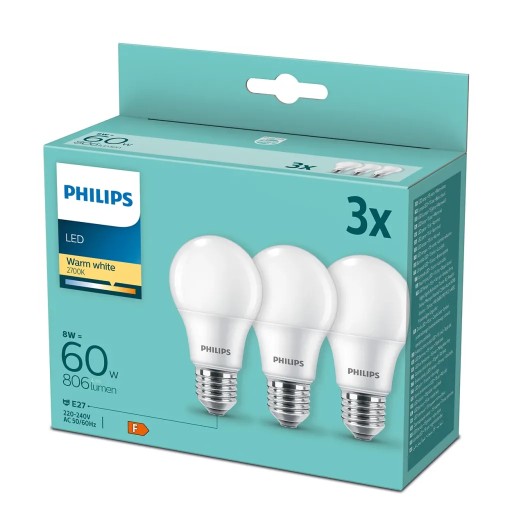3x E27 Philips LED žiarovka 8W = 60W / 806 lumenov / teplá farba 2700K A60