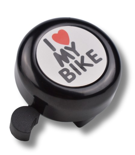 Mechanický zvonček na bicykel, hliník, PVC, 54mm, I LOVE MY BIKE, čierny