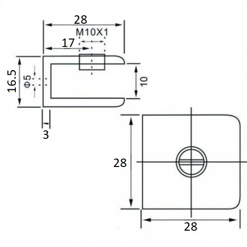 Držiak BRACKET, montáž na sklenenú policu, žabka, štvorcový, 28x28 mm, ČIERNA
