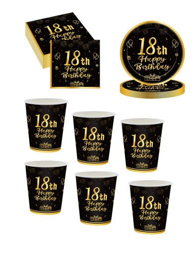 SÚPRAVA hrnčekov, tanierov, papierových obrúskov 18. narodeniny BLACK GOLD Ga