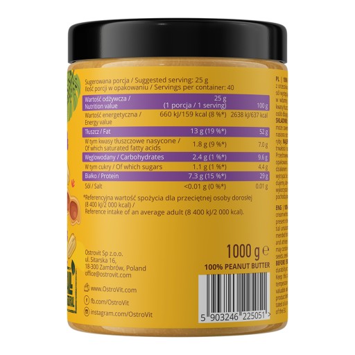 OstroVit Arašidové maslo PASTA ARAŠIDOVÉHO MASLA Arašidový krém 1 KG