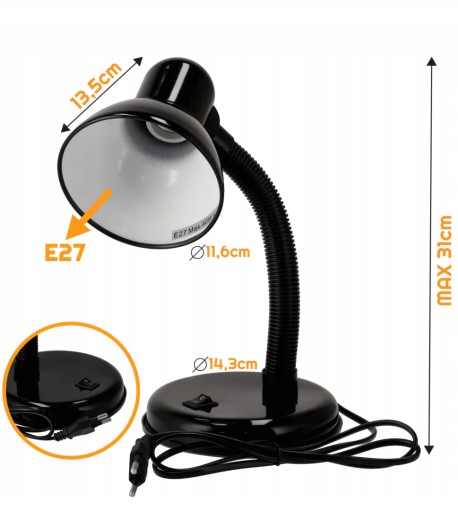 Nastaviteľná školská lampa na čítanie E27, vypínač, 100 cm kábel