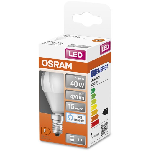 LED žiarovka E14 GUĽA 5,5W = 40W 6500K Studená OSRAM