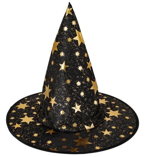 Čierno-zlaté halloweenske karnevalové maškarné šaty s čarodejníckym klobúkom