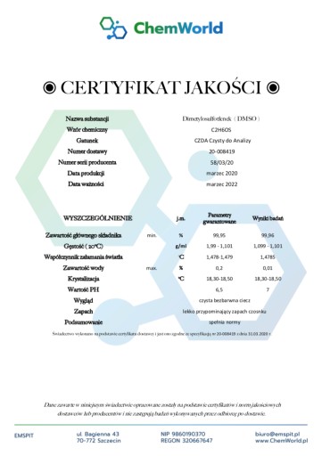 DMSO Dimetylsulfoxid PURE 100 ml ChemWorld
