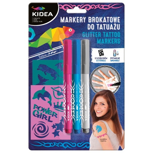 KIDEA Glitter metalické fixky na tetovanie so šablónami, sada 3 ks