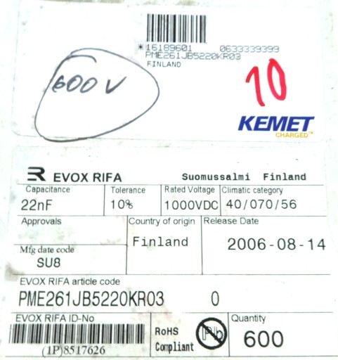 Fólia EVOX RIFA 22nF 0,022uF 1000V 10% 10ks