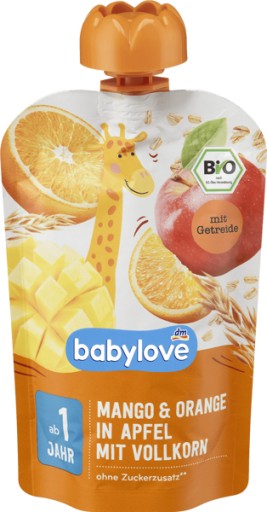 Babylove BIO Mousse z manga, pomaranča, jablka a obilnín