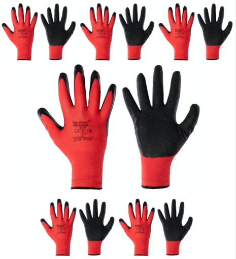 Červené pracovné rukavice, potiahnuté latexom, 6 párov