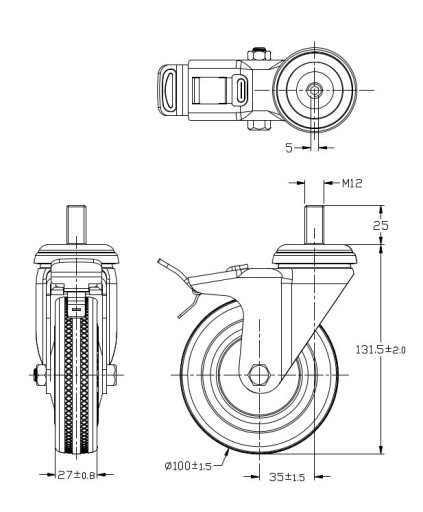 OTOČNÉ KOLESO KOLESO VÍRIVÉ GUMOVÉ S BRZDOU 100MM 80KG stopka 12MM