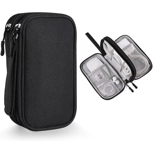 ŠEDÝ CESTOVNÝ ORGANIZÁTOR NA KÁBLE, USB NABÍJAČKY, s puzdrom na zips