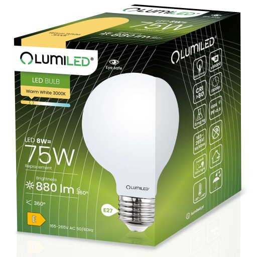 LED žiarovka E27 G95 8W 75W Globe Milky LUMILED