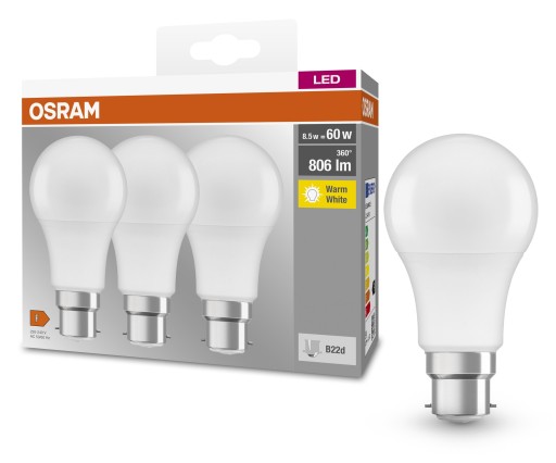 Osram LED žiarovka 8,5W 806lm 2700K teplá biela závit B22d - 3 kusy