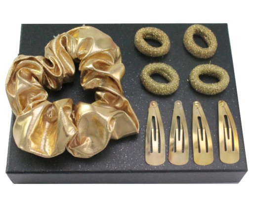 SÚPRAVA OZDOBENÍ SCRUNCHIE ZLATÁ GUMA GUMOVÉ OZDOBY