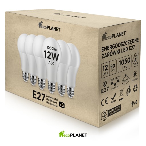 6x LED žiarovka E27 A60 12W 1050lm ecoPLANET COLORS