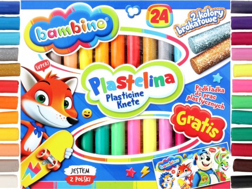 BAMBINO okrúhla plastelína 24 farieb PODLOŽKA ZDARMA 2 farby GLITTER