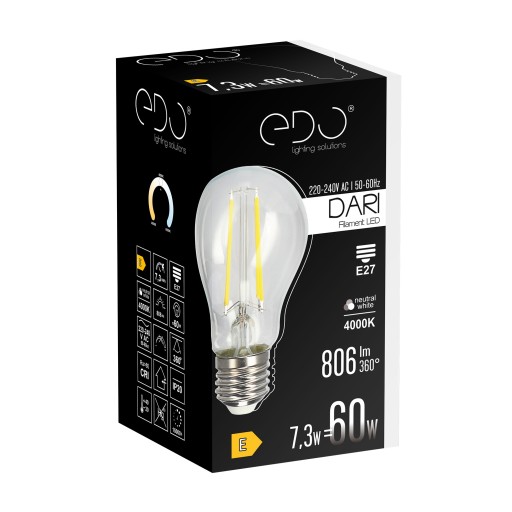 Dekoratívna LED žiarovka E27 A60 CLEAR 7,3W 4000K neutrálna 806lm EDO