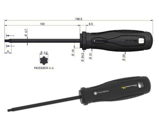 skrutkovač T15. 100 mm. SVCM oceľ. Waryński