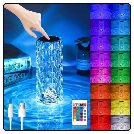KRYŠTÁLOVÁ STOLOVÁ LAMPA SPÁLŇOVÁ STOLNÁ LAMPA RGB DIAMANTOVÁ LED + DIAĽK.