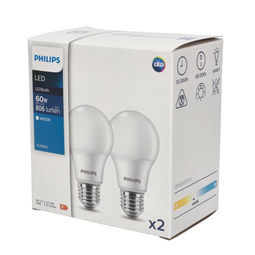 PHILIPS SET 2x E27 LED žiarovka 8W = 60W 4000K NEUTRÁLNA BIELA 806lm A60