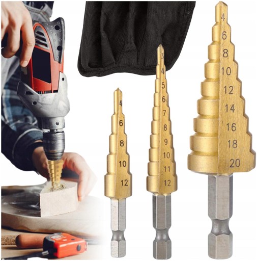Stupňovité oceľové vrtáky, sada 3 ks, kužeľové, 3-20 mm, na drevo, plech