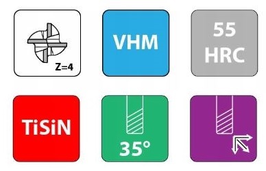 Tvrdokovová fréza VHM 55HRC 4 čepele 4Z 4F fi 3mm stopka 6